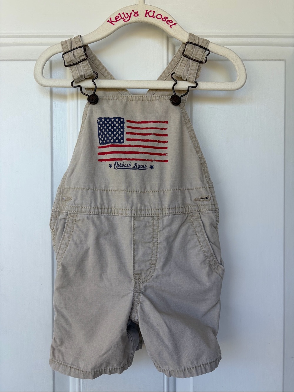 •OshKosh B’gosh• Khaki American Flag Shortalls - Size 12 Months
